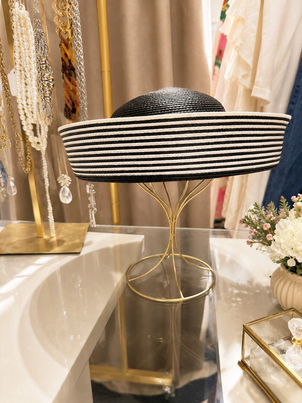 Black and White Striped Wide Brim Hat Woven Statement Sun Hat Dress Hat